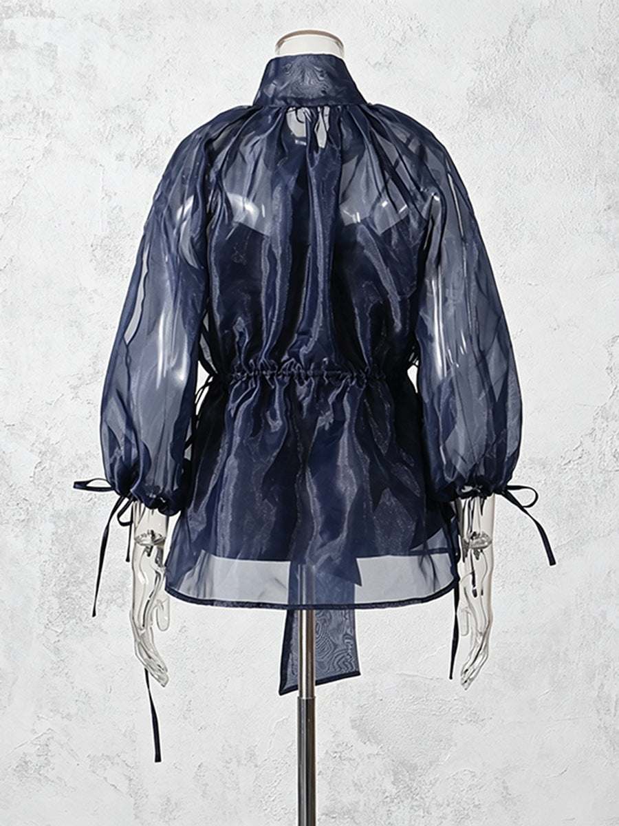 Navy Organza Bow Neck Drawstring Waist Sheer Long Sleeve Blouse NorixaFashion.com