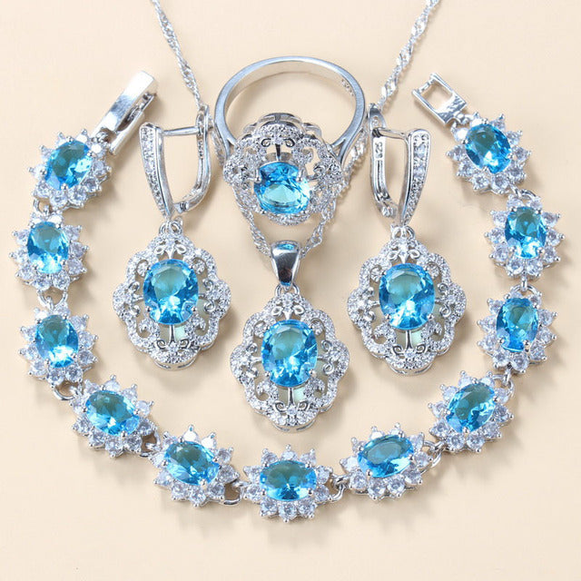 Garnet Cubic Zirconia Earrings Pendant Necklace Bracelet Ring Gift 4 PCs Set LadyShow.Store