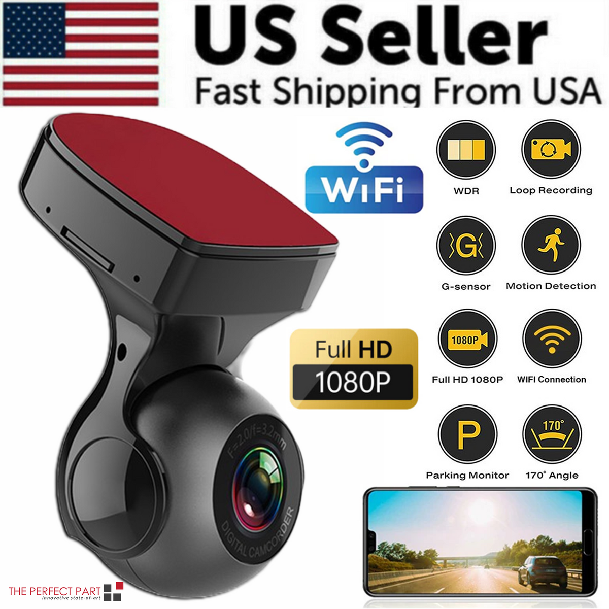 170° WiFi Dash Cam Recorder Car Camera HD 1080P Car DVR Vehicle Video G-Sensor Pi-Mart
