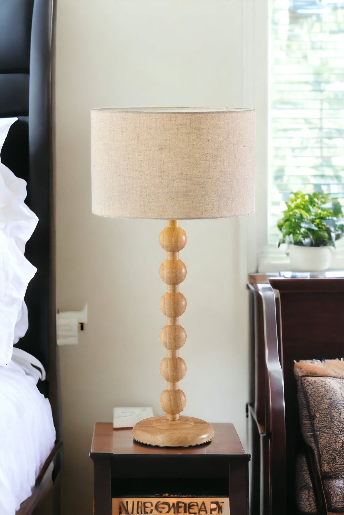28" Brown Solid Wood Candlestick Table Lamp With Off White Drum Shade LuxuryLifeWay Online Store