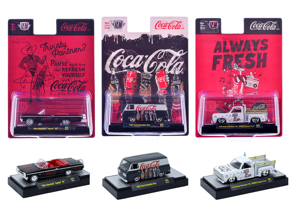 "Coca-Cola" Set of 3 pieces Release 65 Limited Edition to 4800 pieces Worldwide 1/64 Diecast Models by M2 Machines LuxuryLifeWay Online Store