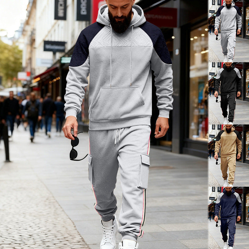 Loose Color-block Textured Hoodie And Sweatpants Casual Set