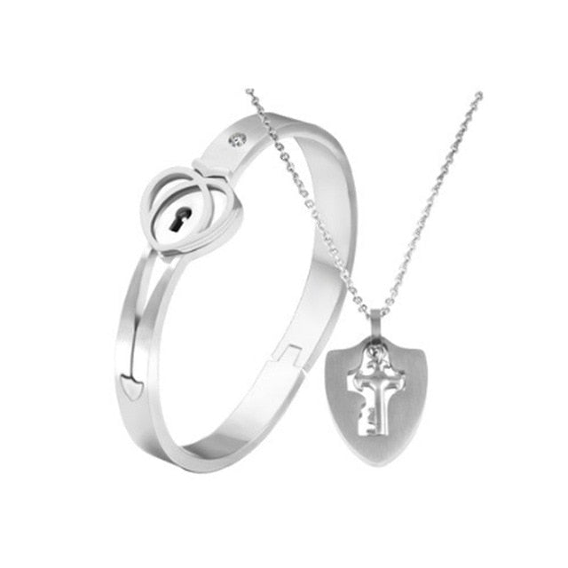 Stainless Steel Love Heart Lock Bangle Bracelet Pi-Mart