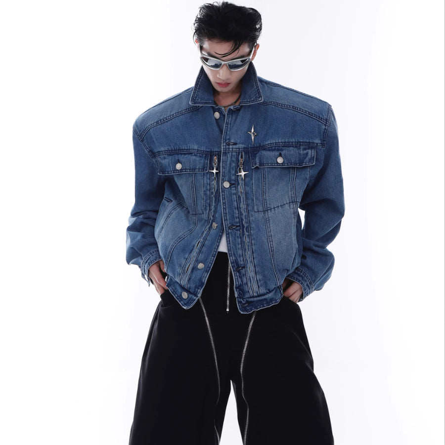 Heavy Washed Padded Shoulder Denim Coat Metal Zipper Jacket LadyShow.Store