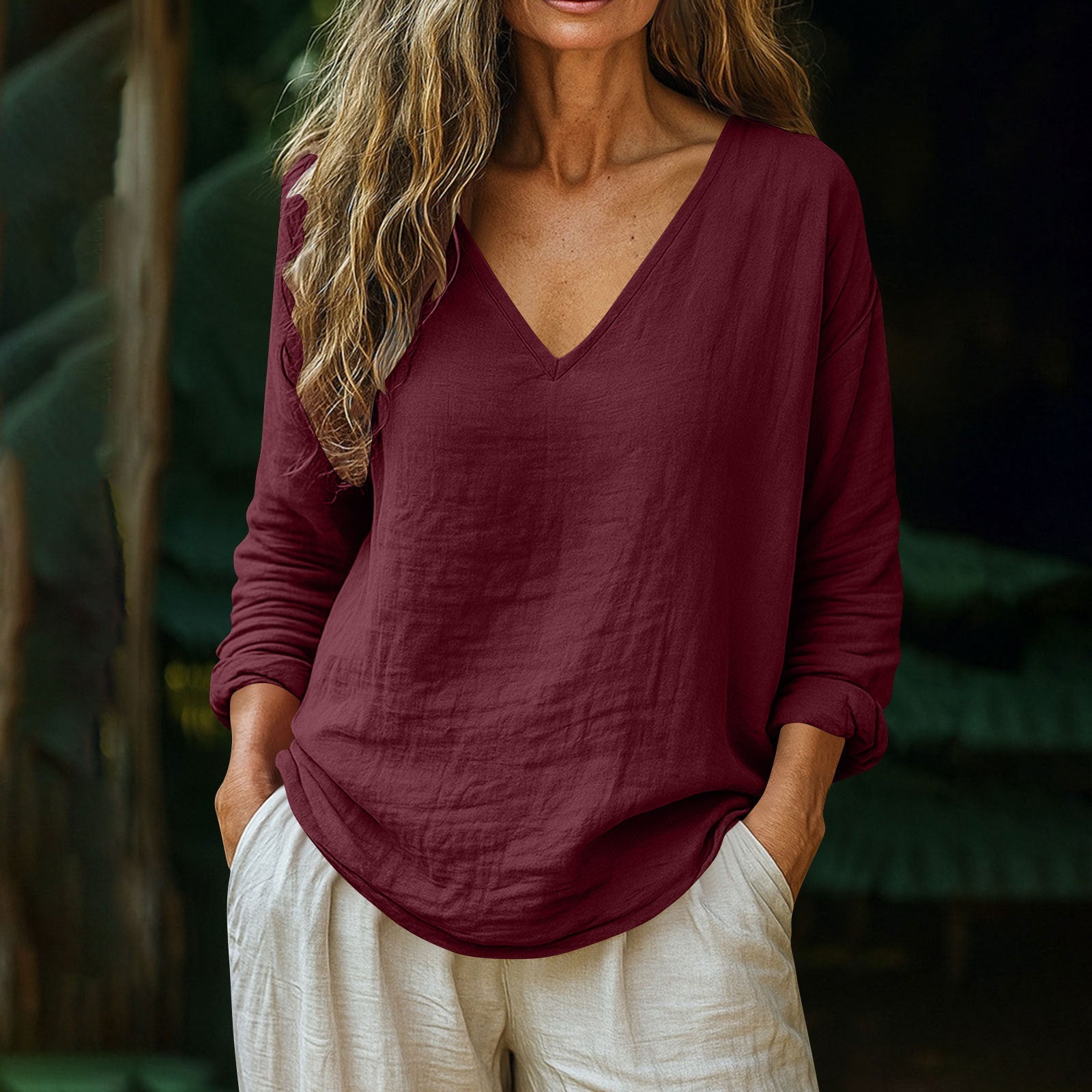 Fashionable Cotton-Linen Long-Sleeve V-Neck Top NorixaFashion.com