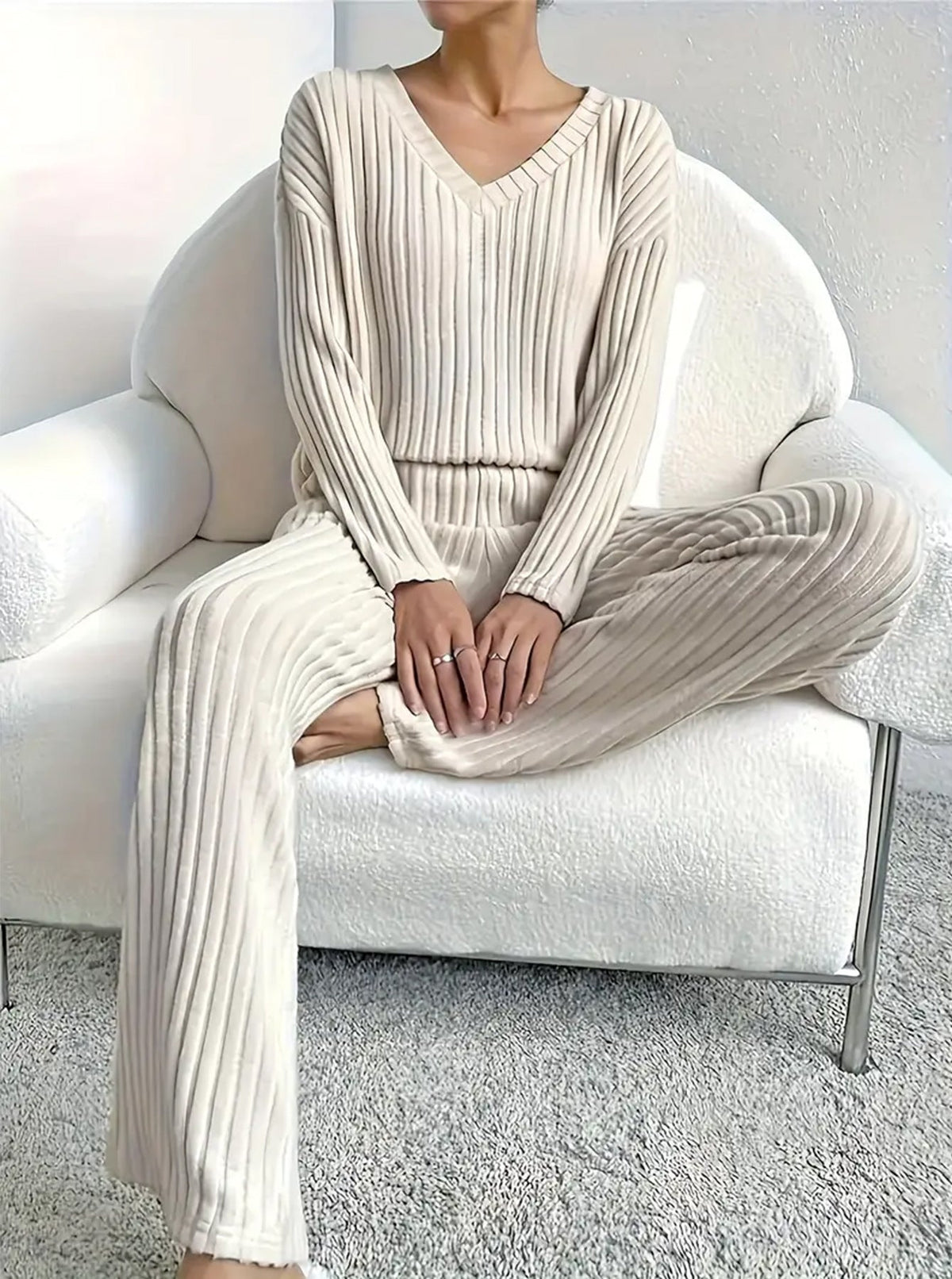 2026 Fall Winter New Arrival TwoPiece Outfit,Elegant Loose VNeck Knit Set With StraightLeg Pants NorixaFashion.com