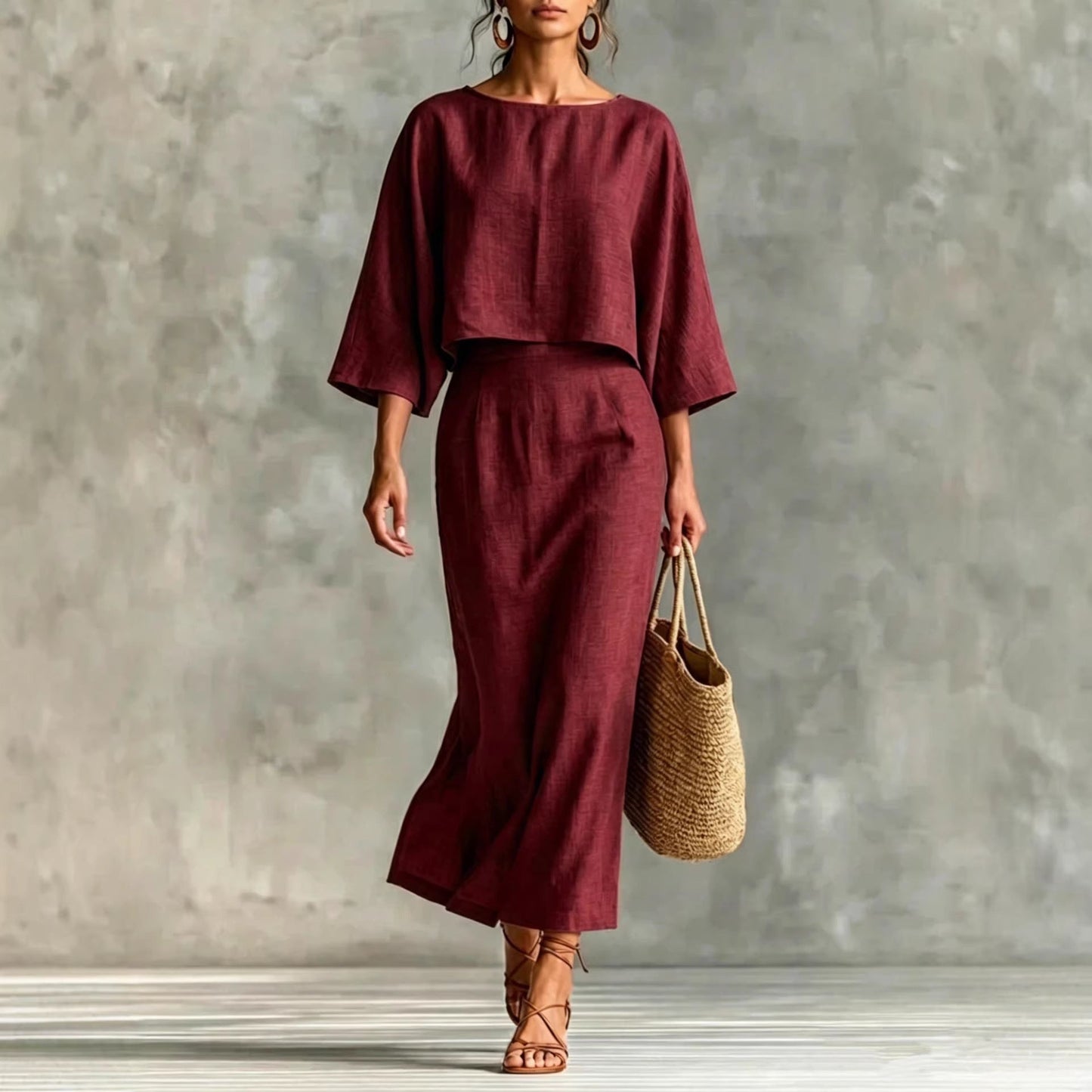 Womens High-Waisted Midi Skirt And Loose Top Set NorixaFashion.com