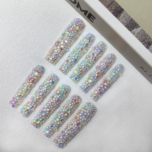 GGddsha Long Novel Design And Reusable HandmadePMMA Acrylic Press On Nails Full Coverage Candy 3D CrystaFake Nails With Box Gifts For Women,Pastel Galaxy Tri Light Beauty