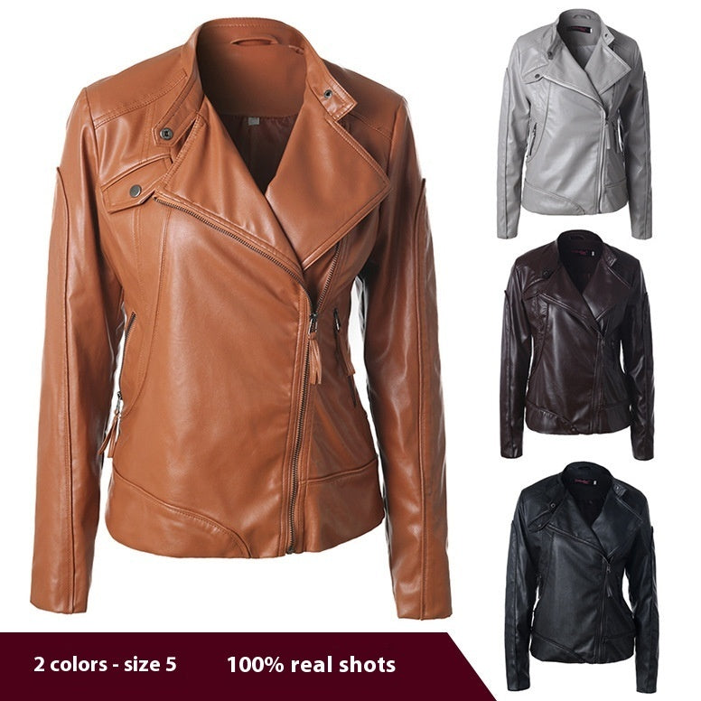 Stand Collar Side Zipper Leather Coat Motorcycle Jacket LadyShow.Store
