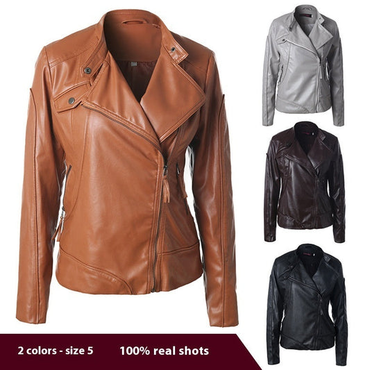 Stand Collar Side Zipper Leather Coat Motorcycle Jacket LadyShow.Store