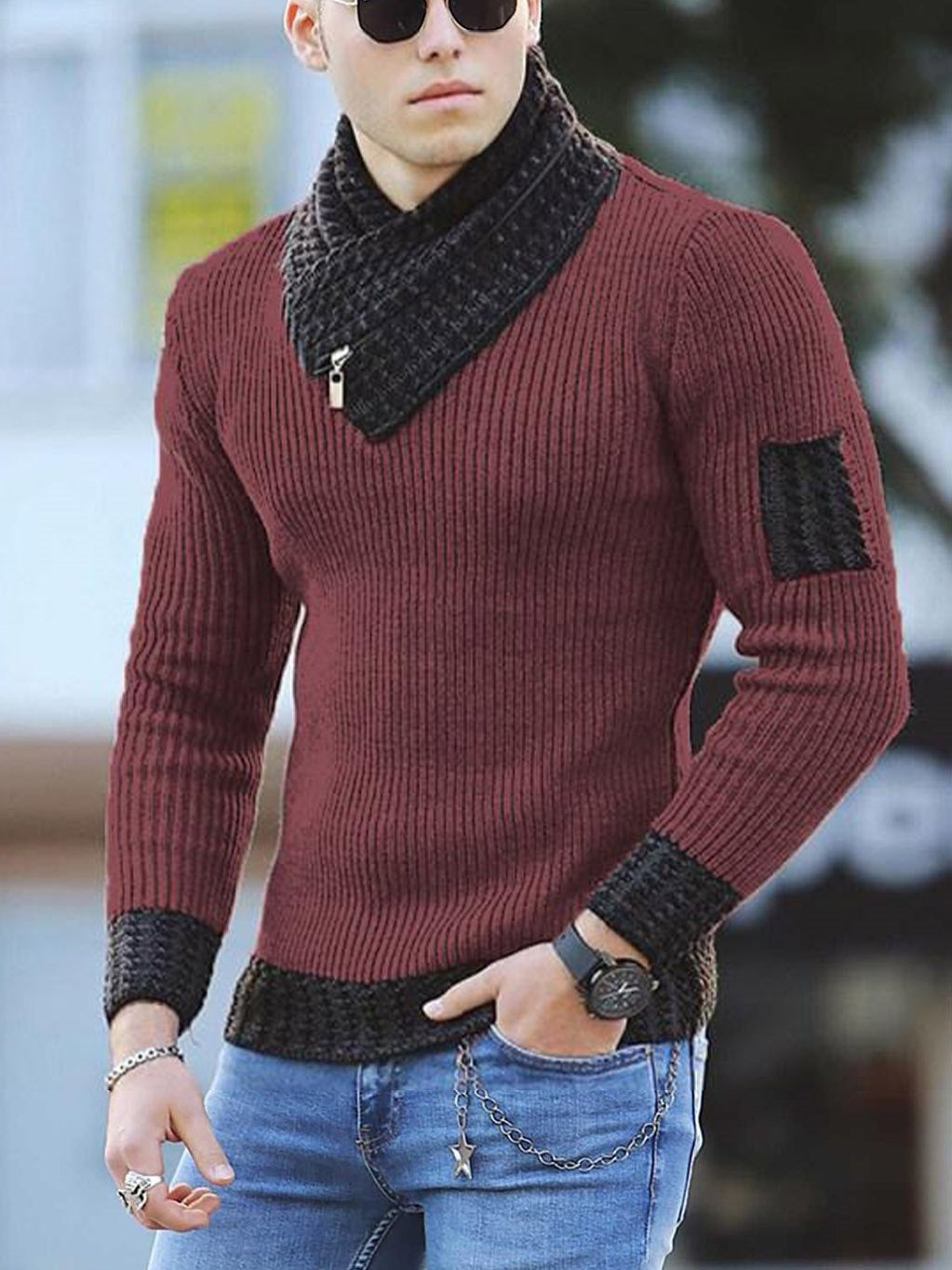 Independent Station Casual Slim Knit Pullover Long-sleeved Scarf Collar Sweater Men's LadyShow.Store
