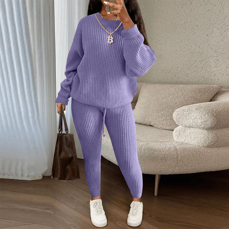 Winter Ribbed Knit Suits Fashion Loose Pullover Sweater Top And Drawstring Pants For Women Trouser Set Clothing LadyShow.Store
