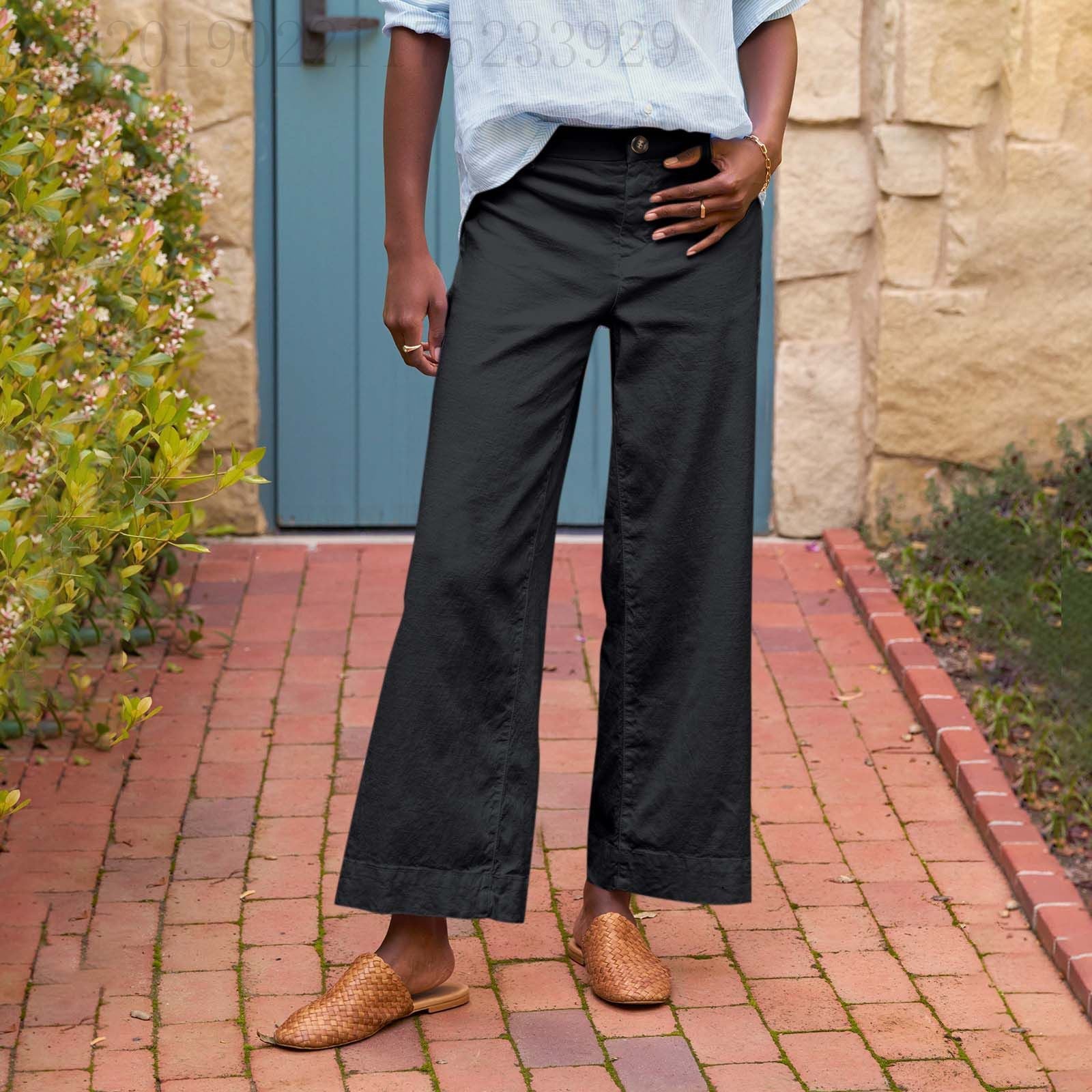 European And American Style High-Waisted Solid Color Cropped Flared Loose Wide-Leg Womens Trousers With Buttons NorixaFashion.com