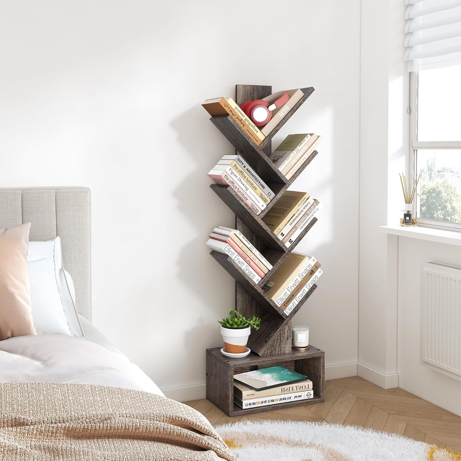 6 Tier Tree Bookshelf Bookcase With Drawer Grey Office LuxuryLifeWay Online Store