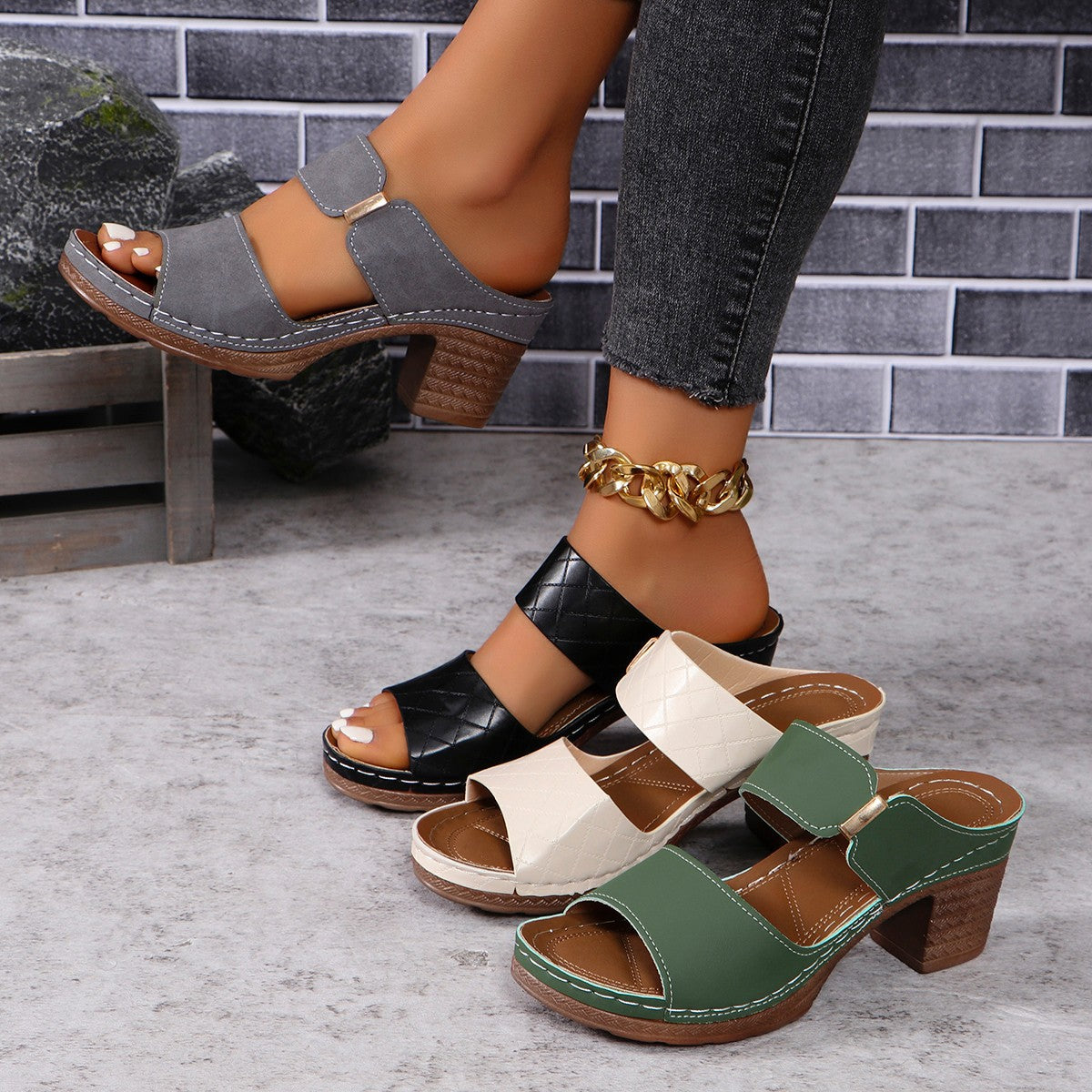 Chunky Heel Sandals Summer Round Toe Plaid Slides Slippers Fashion Outdoor High Heels Shoes For Women CJD