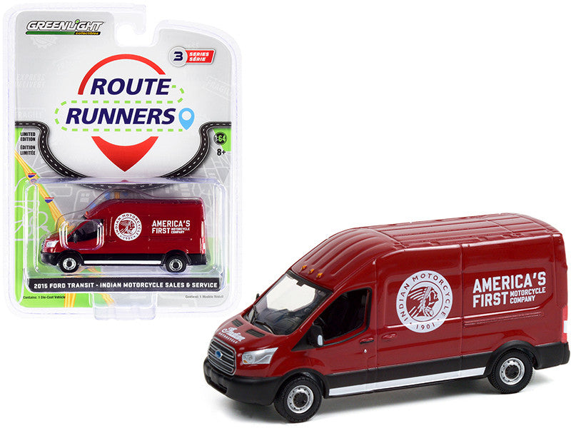 2015 Ford Transit LWB High Roof Van Burgundy "Indian Motorcycle Sales & Service" "Route Runners" Series 3 1/64 Diecast Model by Greenlight LuxuryLifeWay Online Store