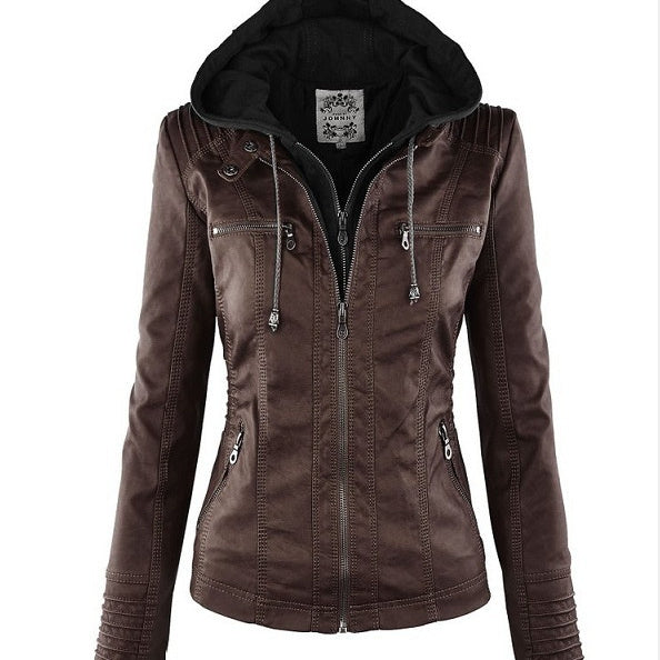 Women's Detachable Lapel Long Sleeve Solid Color Zipper Leather Jacket Coat LadyShow.Store