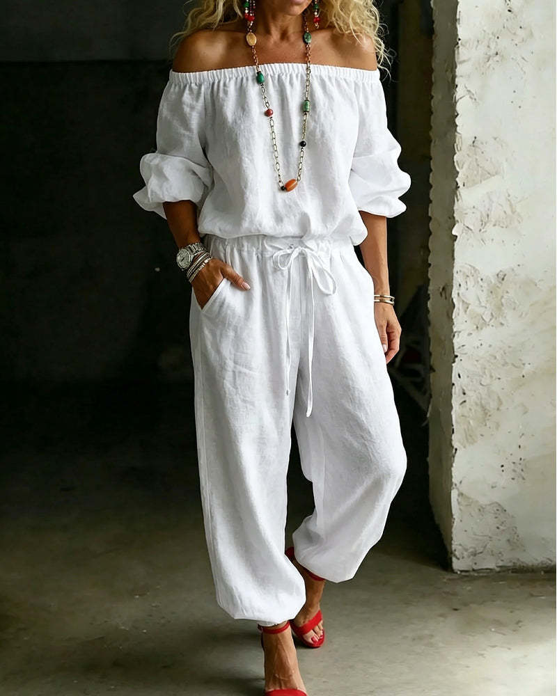 One-shoulder Top And Casual Drawstring Jogger Pants Jumpsuit Set NorixaFashion.com