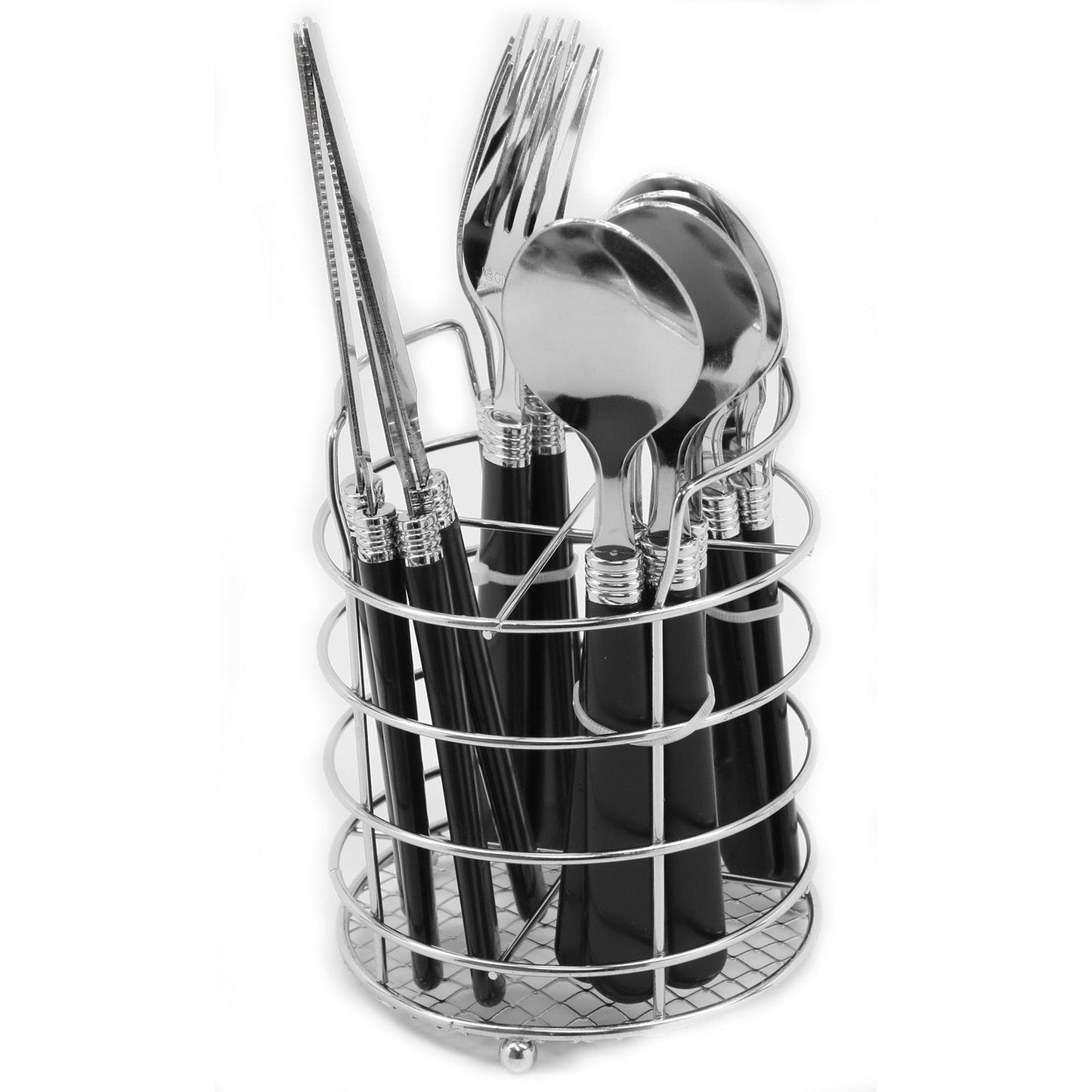 Gibson Sensations II 16 Piece Stainless Steel Flatware Set with Black Handles and Chrome Caddy LuxuryLifeWay Online Store