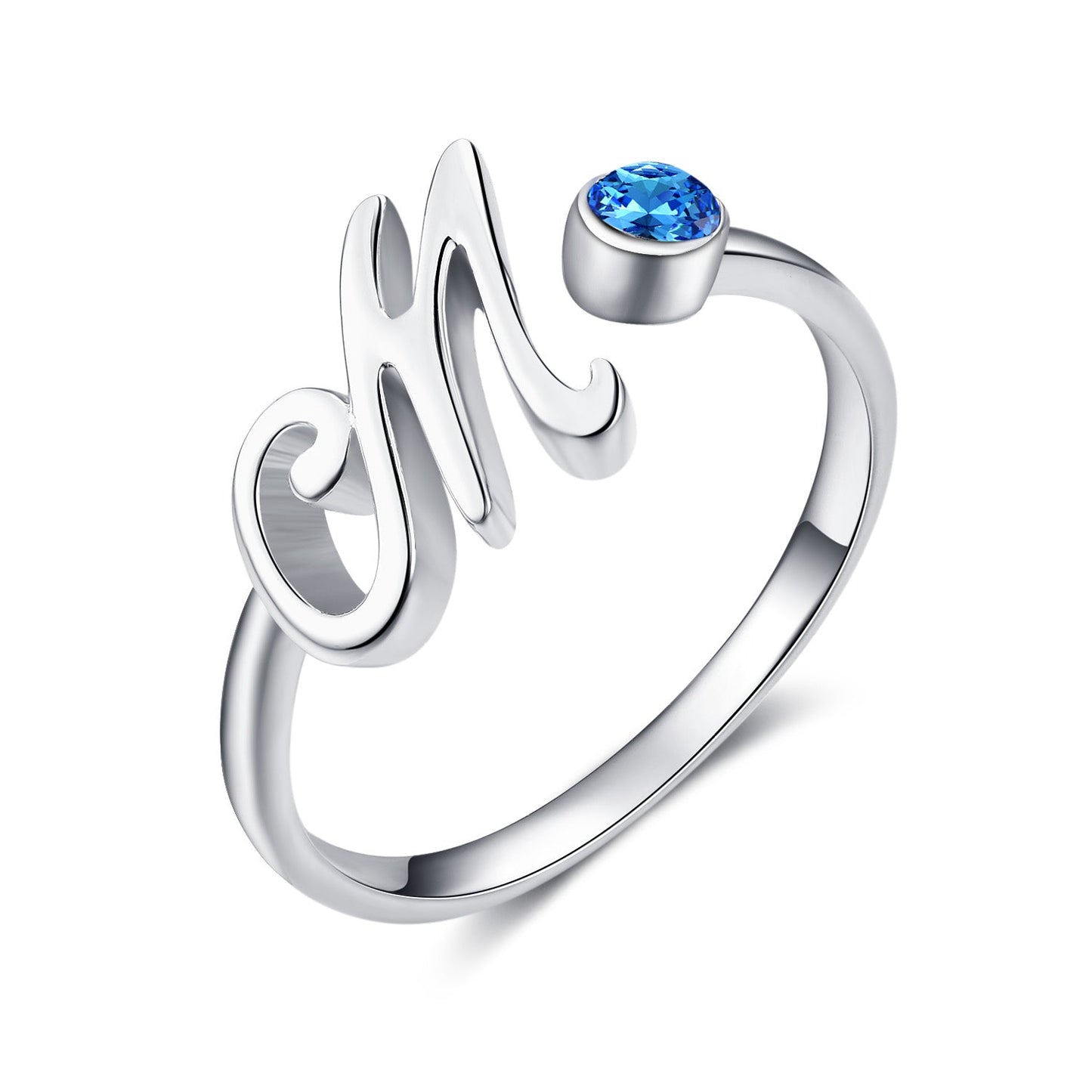 Blue Crystal Letter M Initial Alphabet Ring in 925 Sterling Silver LadyShow.Store