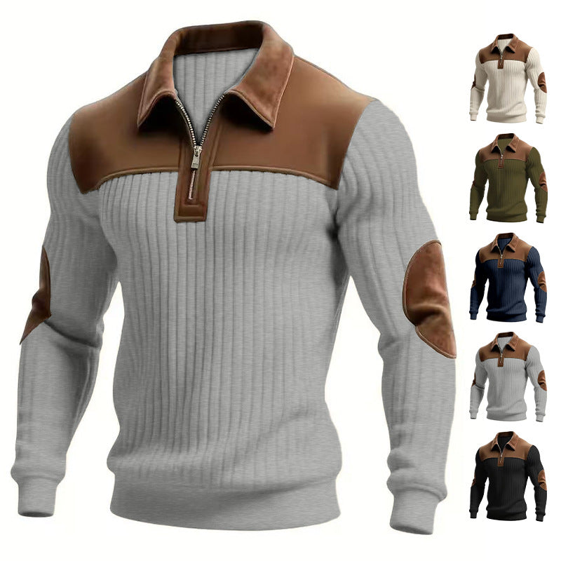 Notched-collar Patchwork Knit Top With Embroidered Zipper Hoodie CJD