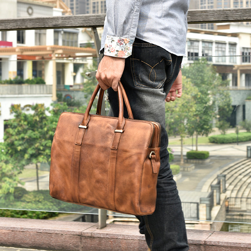 Vintage Vegetable Tanned Leather Men's First Layer Cowhide Casual Business Handbag LuxuryLifeWay Online Store