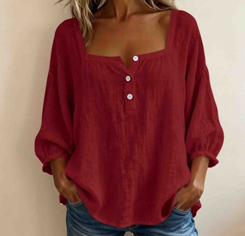 Casual Resort-style Linen Top With Three-quarter Sleeves NorixaFashion.com