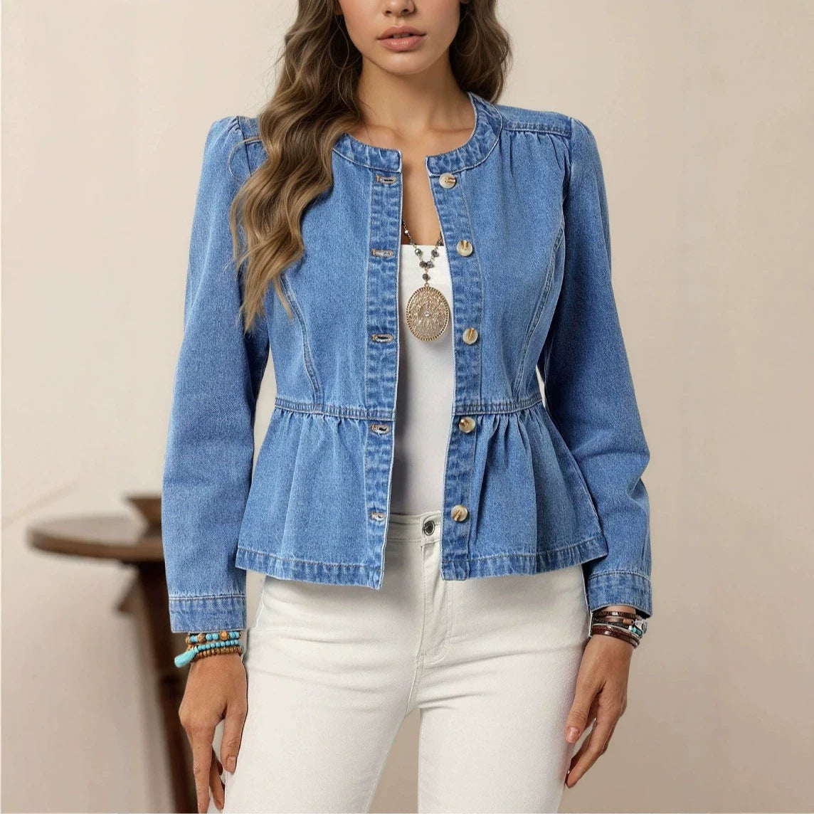 Cross-Border Denim Jacket For Women, Short Style, 2026 Spring And Autumn New Popular Model, European And American Casual Versatile Round Neck Puff Sleeves NorixaFashion.com
