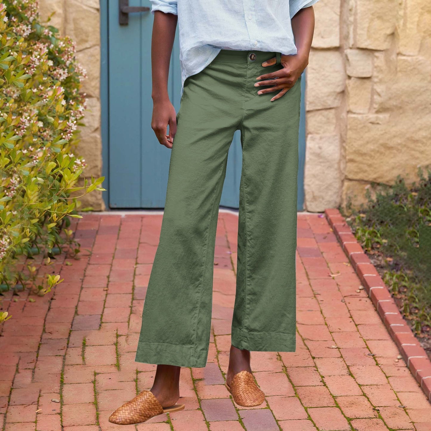 European And American Style High-Waisted Solid Color Cropped Flared Loose Wide-Leg Womens Trousers With Buttons NorixaFashion.com