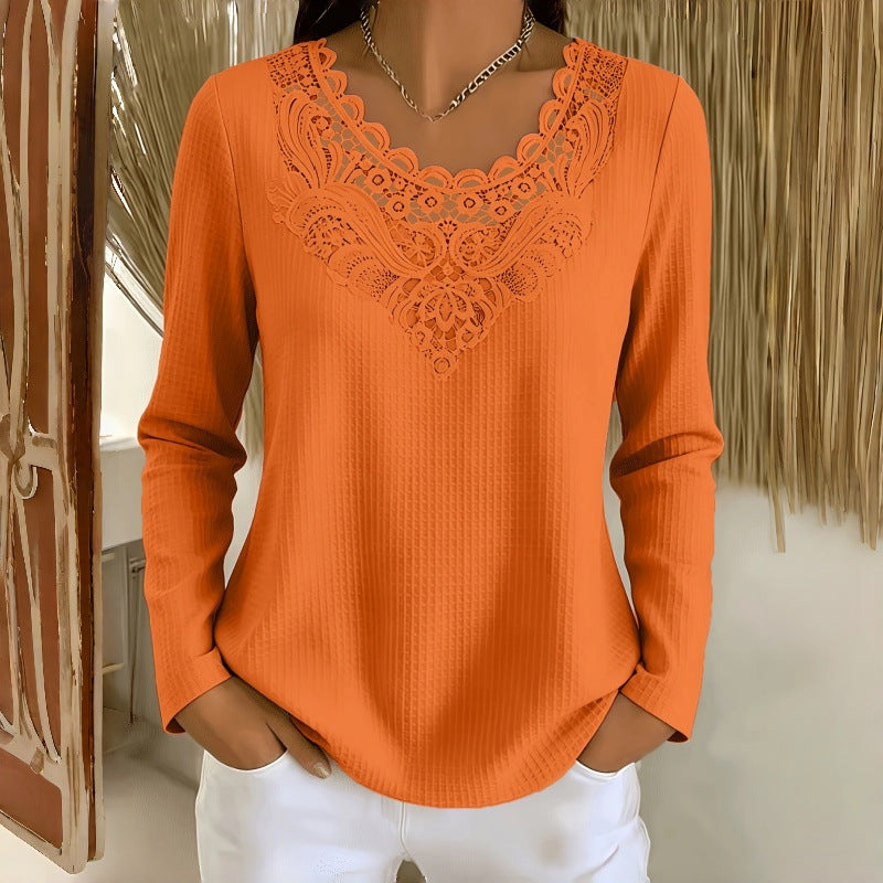 New Lace-panel Womens Long-sleeve Top NorixaFashion.com
