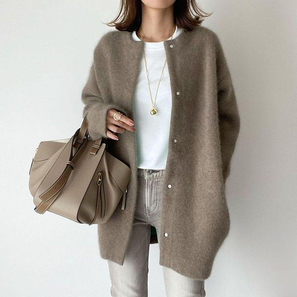 Loose Round Neck Single Breasted Cardigan Fashion Solid Color Coat Jacket Autumn And Winter Women's Clothing NorixaFashion.com