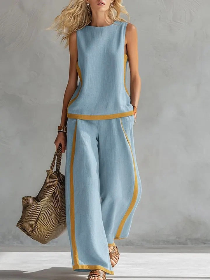 Summer Suits Round-neck Sleeveless Vest Top And High-waist Wide-leg Pants Casual Loose Set NorixaFashion.com