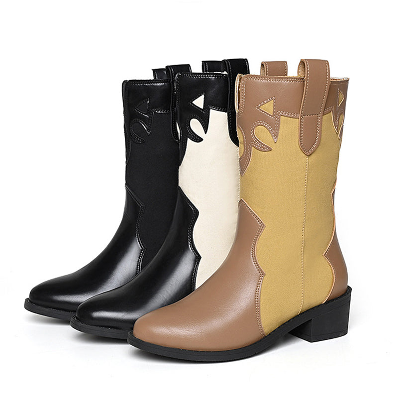 Black White Cowboy Boots Women Low Heel Mid Calf Shoes LadyShow.Store