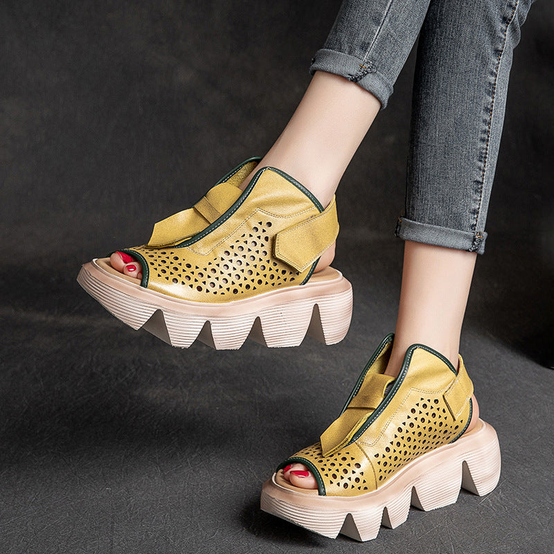 Top Layer Leather Velcro Hollow Sandals for Women Best YouTube Store