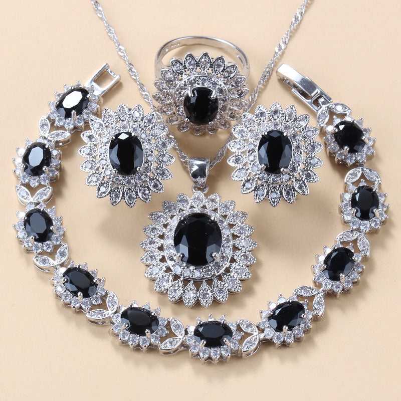 Garnet Cubic Zirconia Earrings Pendant Necklace Bracelet Ring Gift 4 PCs Set LadyShow.Store
