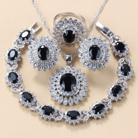 Garnet Cubic Zirconia Earrings Pendant Necklace Bracelet Ring Gift 4 PCs Set LadyShow.Store