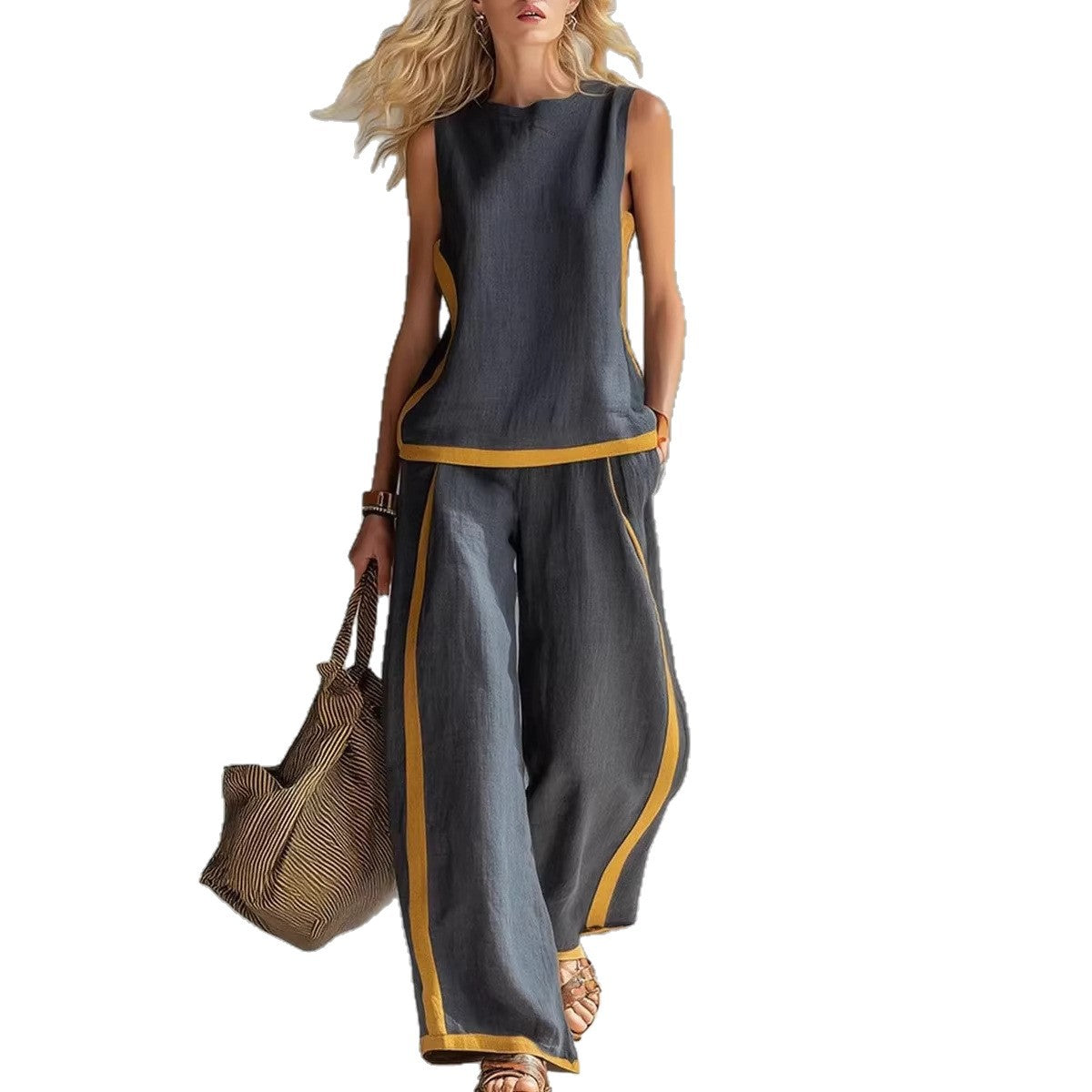 Summer Suits Round-neck Sleeveless Vest Top And High-waist Wide-leg Pants Casual Loose Set NorixaFashion.com