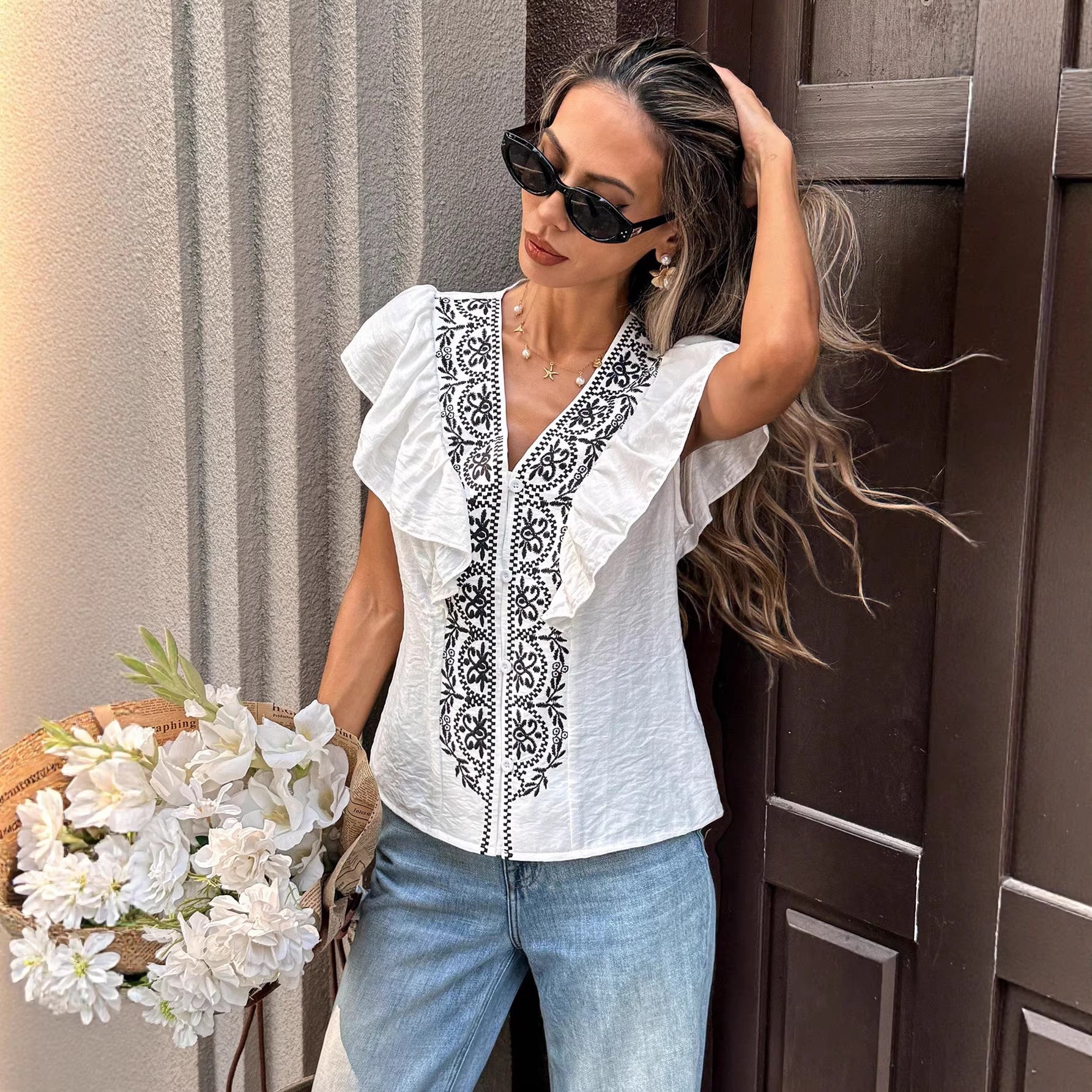 Ruffled V-neck Single-breasted Short-sleeve Top LadyShow.Store