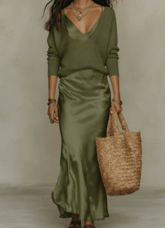 Women's Chic Satin Maxi Dress 2 Pieces Sets Sexy Straps Sleeveless Long Sleeve Top Evening Dresses Elegant New Party Street Gown NorixaFashion.com