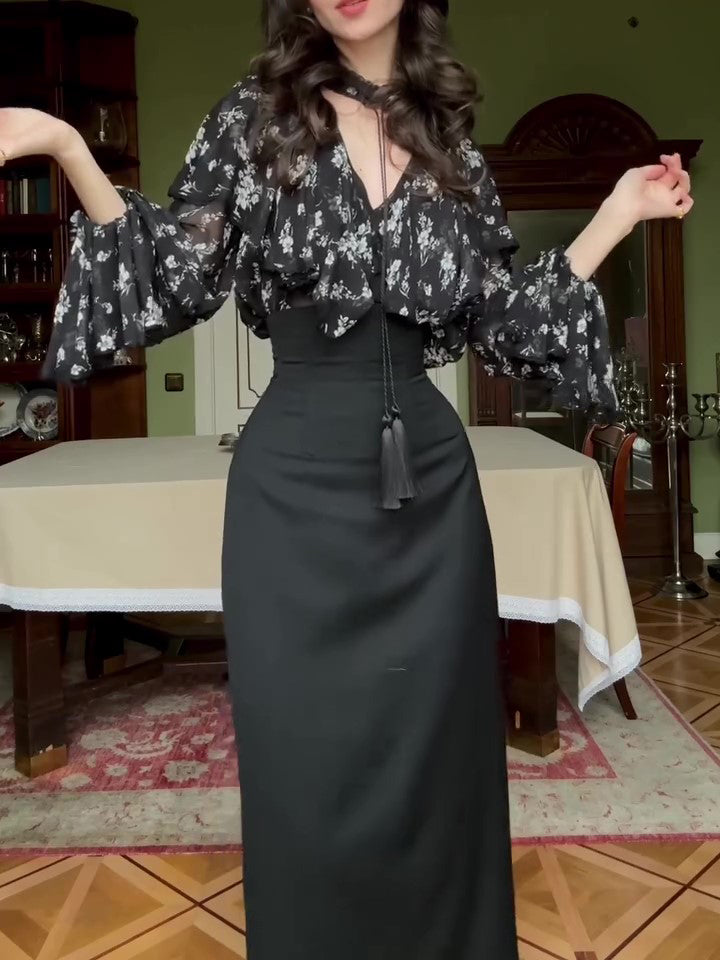 Black Floral Chiffon Overlay & Bodycon Midi Skirt 2-Piece Set With Tassel Belt NorixaFashion.com