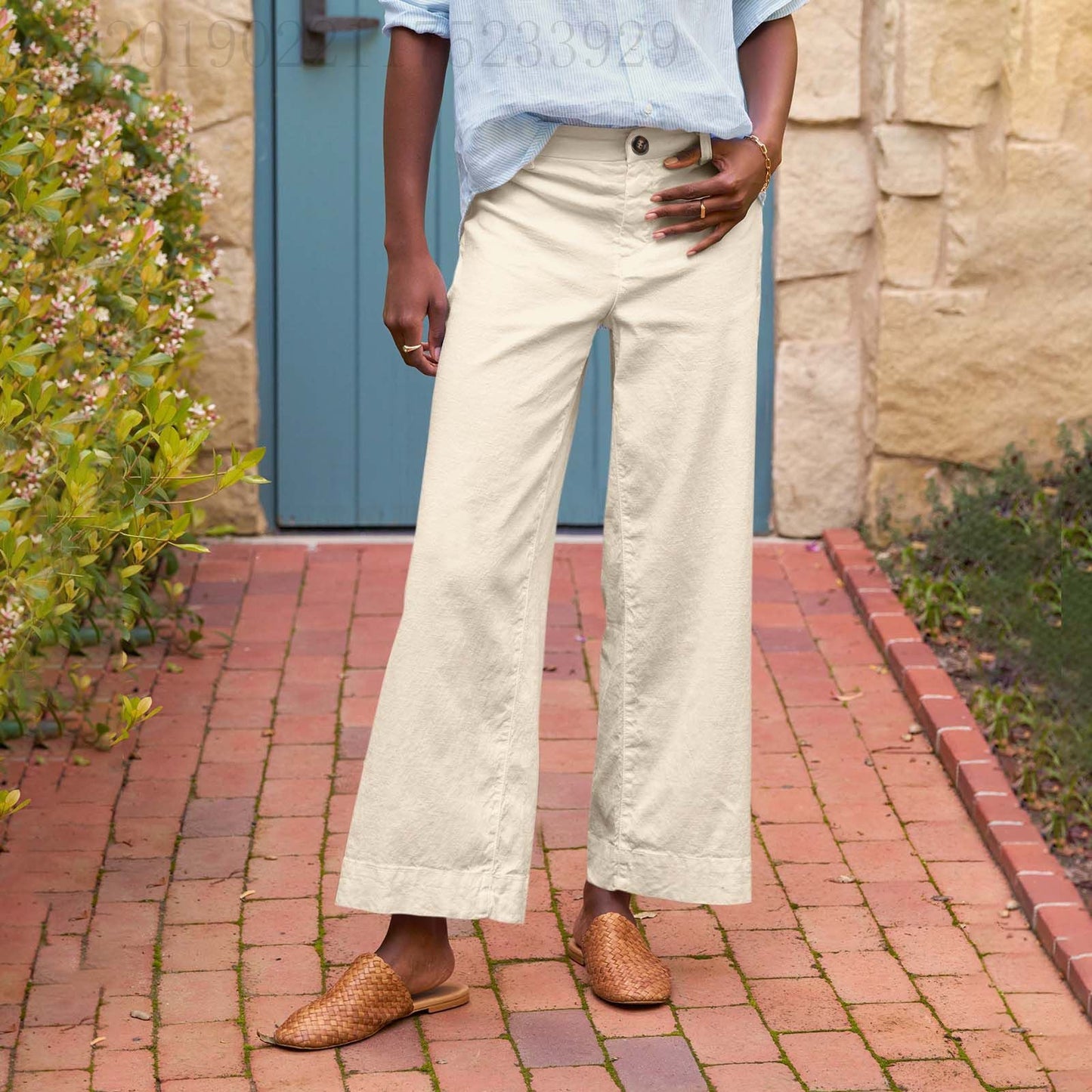 European And American Style High-Waisted Solid Color Cropped Flared Loose Wide-Leg Womens Trousers With Buttons NorixaFashion.com