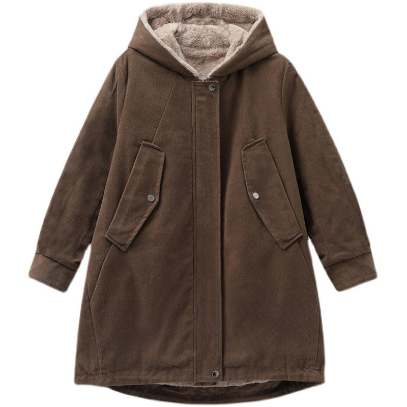 Fleece-lined Thick Hooded Parka Mid-length Long Sleeve Zipper LadyShow.Store