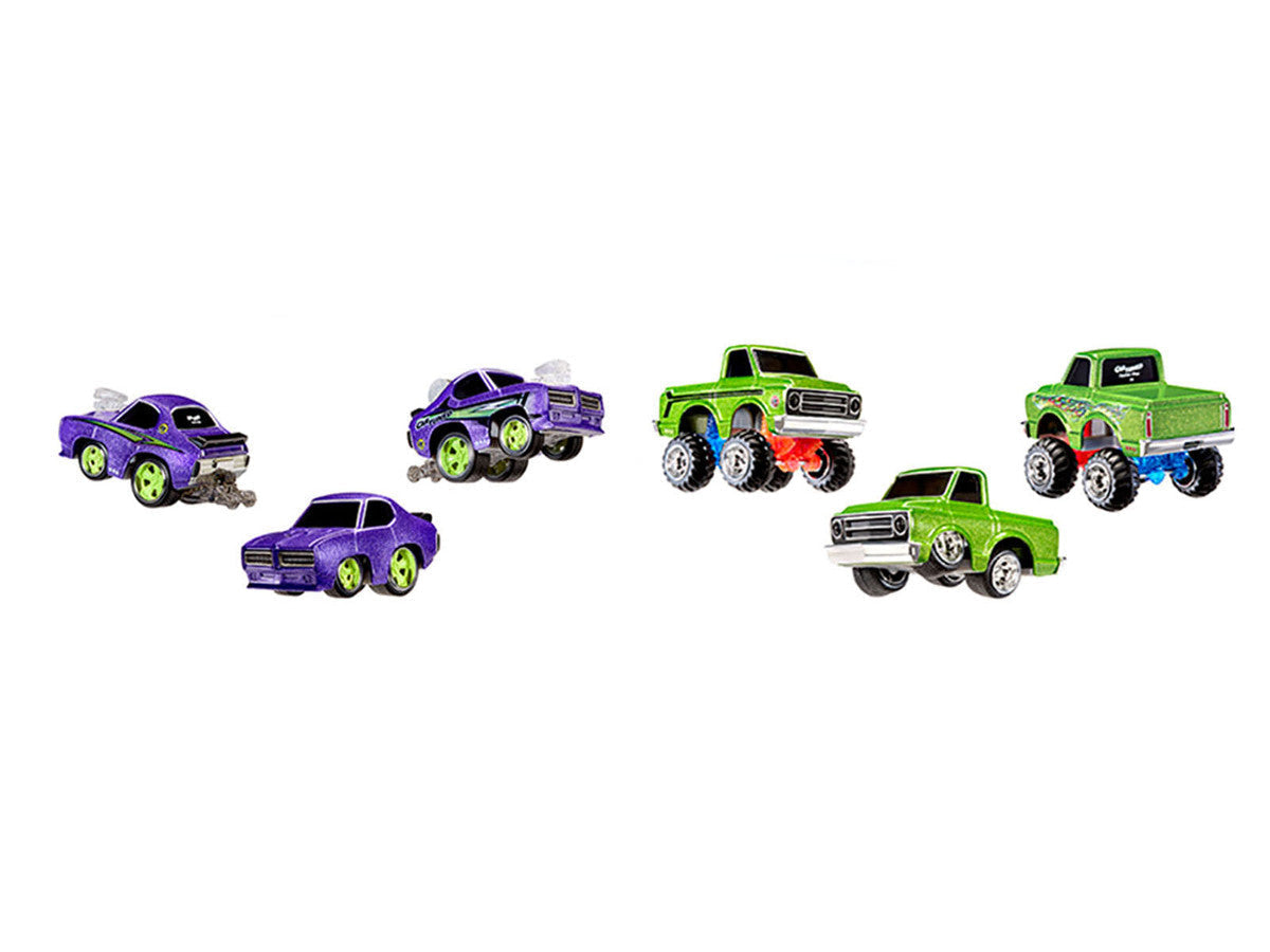 1969 Pontiac GTO Purple Metallic and 1967 Chevrolet C10 Pickup Truck Green Metallic "Custom Shop" 2 Car Set Diecast Model Cars by CarTuned LuxuryLifeWay Online Store