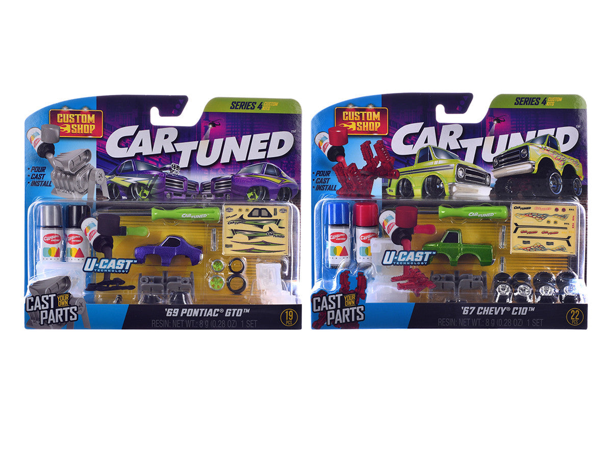 1969 Pontiac GTO Purple Metallic and 1967 Chevrolet C10 Pickup Truck Green Metallic "Custom Shop" 2 Car Set Diecast Model Cars by CarTuned LuxuryLifeWay Online Store