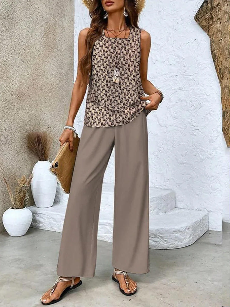 Print Suits Sleeveless Double-layer Vest And Loose Straight Pants Womens Clothing NorixaFashion.com
