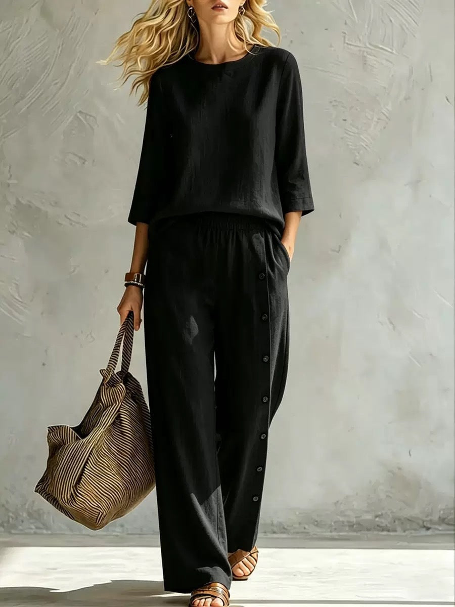 2026 European And American Women's Fashionable Solid Color Buckle Design Casual Loose Two-piece Set NorixaFashion.com