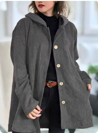 Women's Corduroy Hooded Jacket Fashion Warm Pockets Button Mid-length Top Casual Fall Winter Outwear Clothing LadyShow.Store