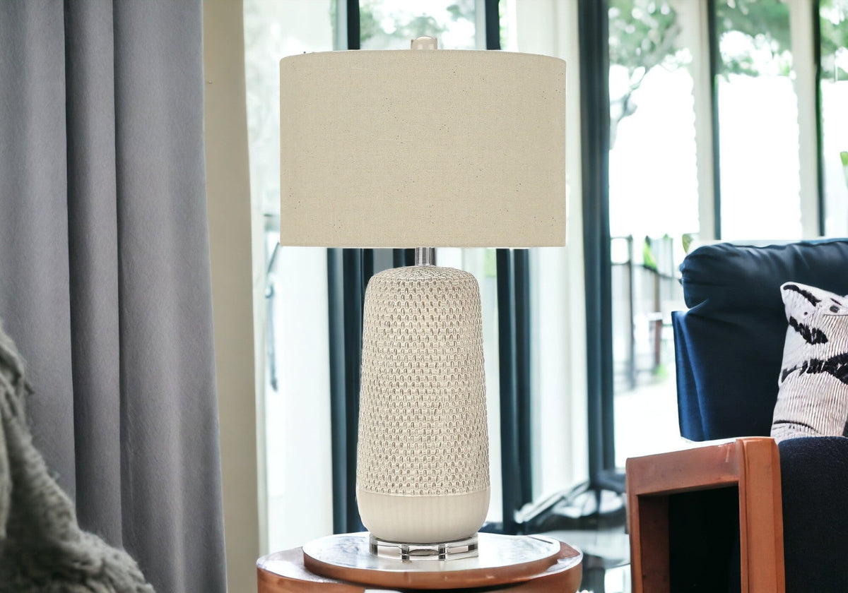 31" Cream Ceramic Geometric Table Lamp With Beige Drum Shade LuxuryLifeWay Online Store