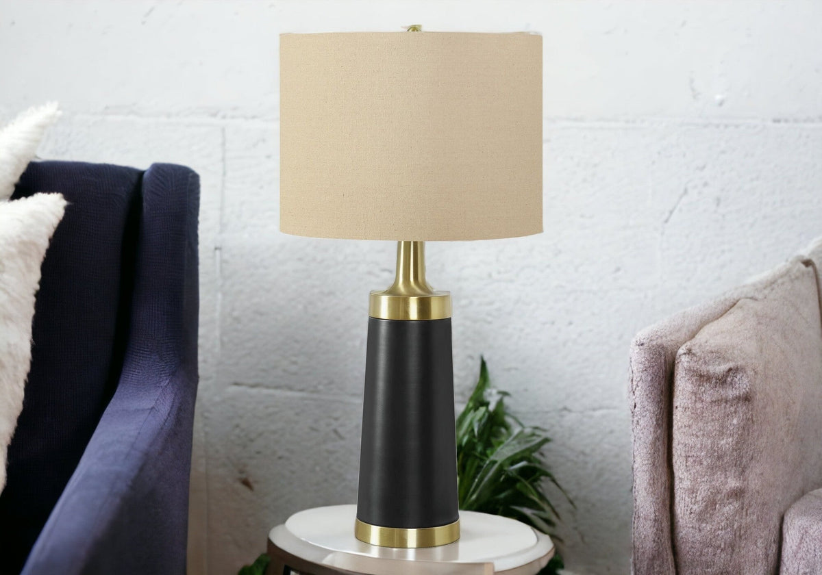 28" Black and Gold Metal Cylinder Table Lamp With Beige Drum Shade LuxuryLifeWay Online Store