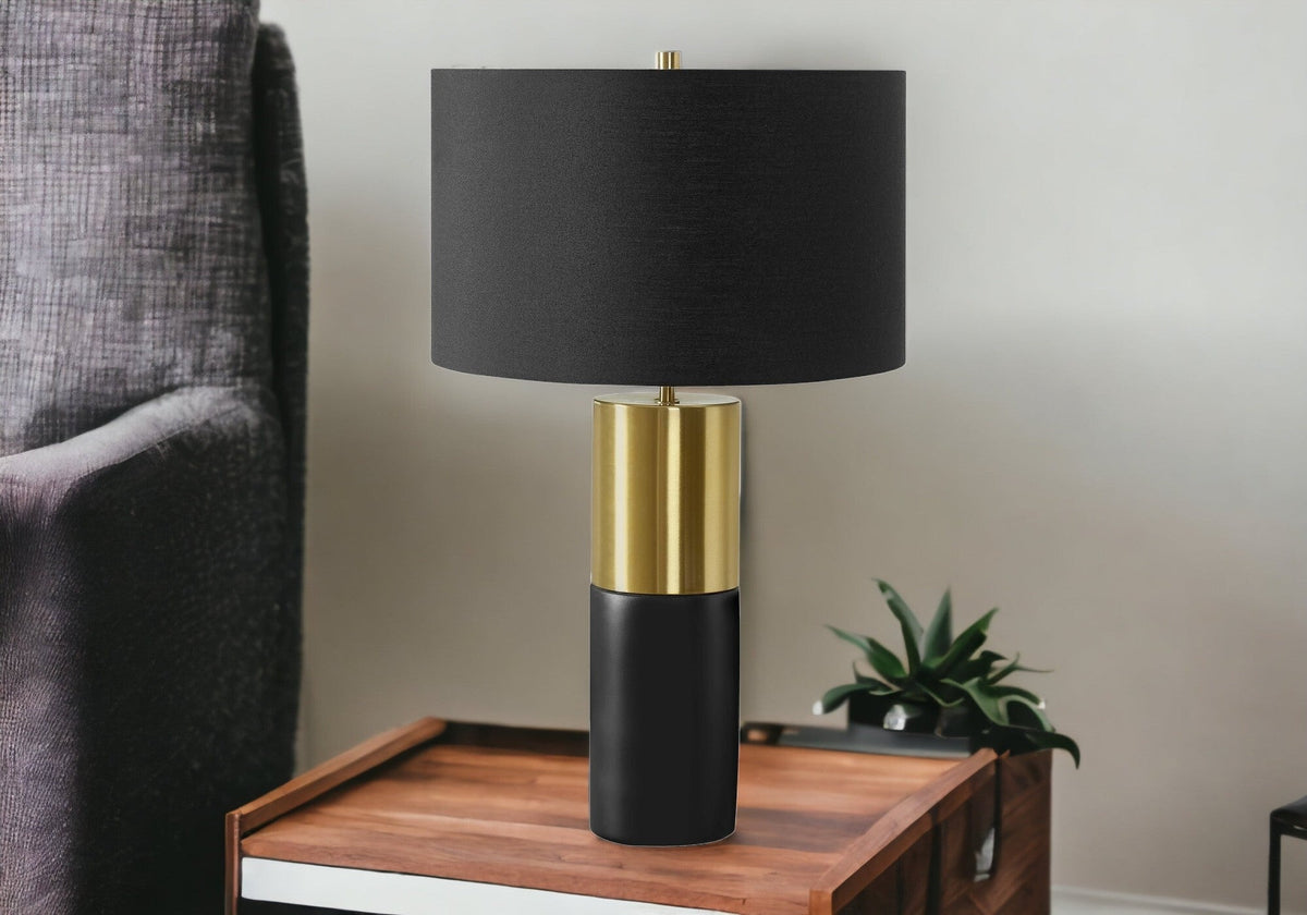 25" Black and Gold Concrete Cylinder Table Lamp With Black Drum Shade LuxuryLifeWay Online Store